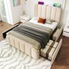 Letto singolo - - 90x200 cm - Lino beige - 4 cassetti - USB integrato