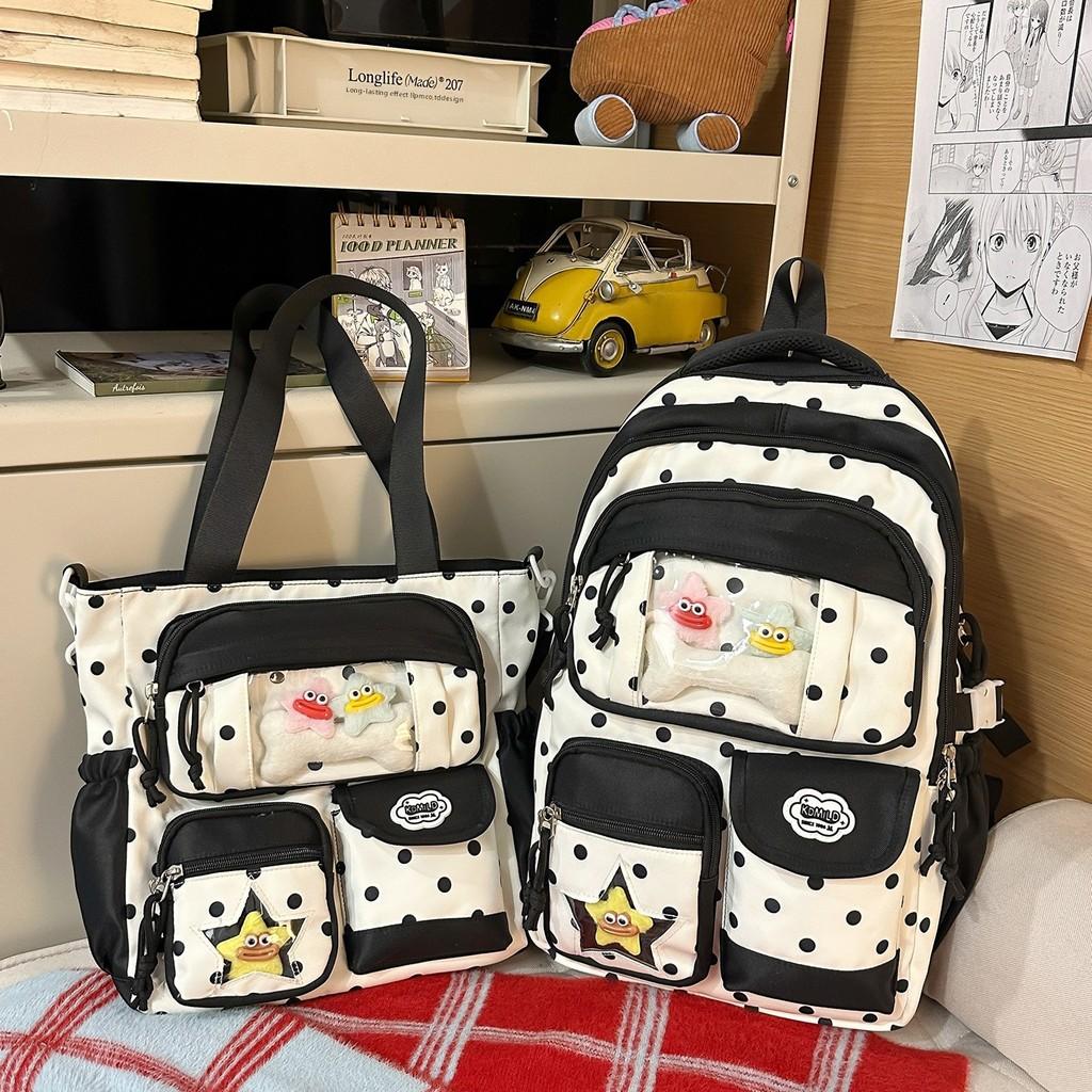Nylon School Backpack For Girls With Polka Dot Pattern And Padded Shoulder Straps For Campus Use