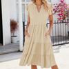 QICED Spring Summer Solid Color V-neck Loose Short Sleeve Waist Patchwork Dress