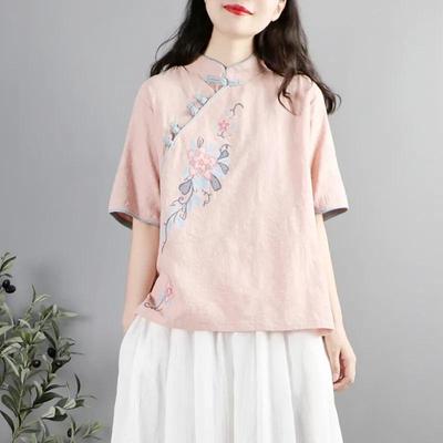Women's Summer Zen Style Cotton Linen Cheongsam Top - Short Sleeve Embroidered Chinese Buttoned Shirt