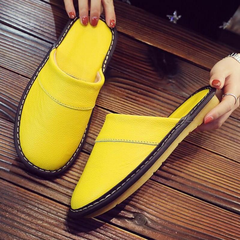 Spring Autumn Indoor Shoes Men's Woman Slippers Plus Size 35 46 Man Concise Brown Simple Leather Home Slippers For Men