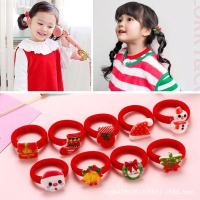 10pcs Fashion Girls Popular Christmas Hair Band Tree Santa Bell Snowman Elastic Braiders Accessories Style Random