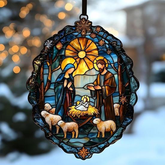 Noel Doğum Sahnesi Süsü El Yapımı Yuvarlak Güneş Yakalayıcı Bebeğin İlk Noel Hristiyan Dini Hediyesi Ağaç Pencere Dekoru