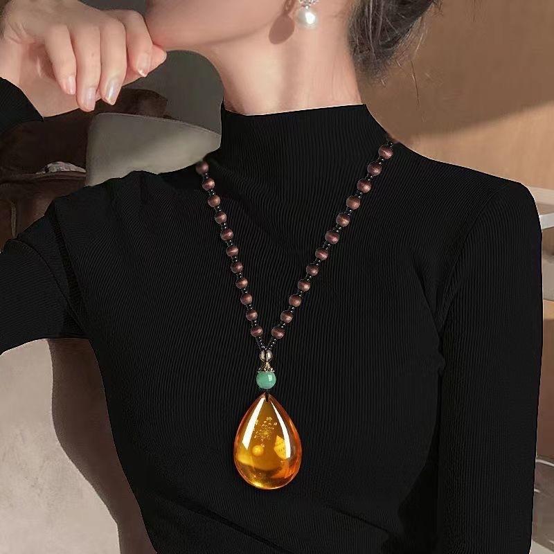 Resin Teardrop Pendant Long Sweater Necklace with Beaded Strand Handcrafted Imitation Amber Jewelry for Women Men