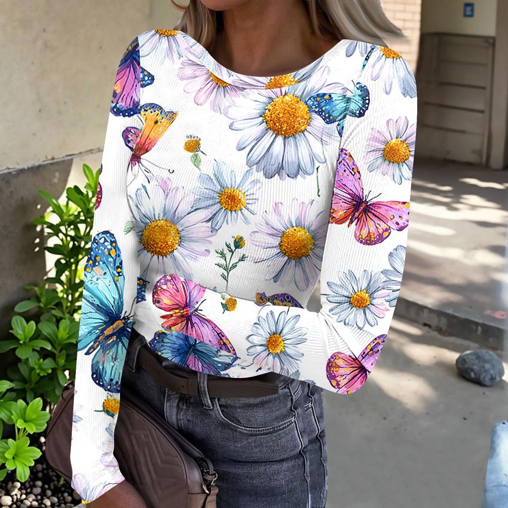 Women Casual Crew Neck Long Sleeve Ribbed Top with All Over Floral Print Lightweight Pullover Blouse for Daily Wear