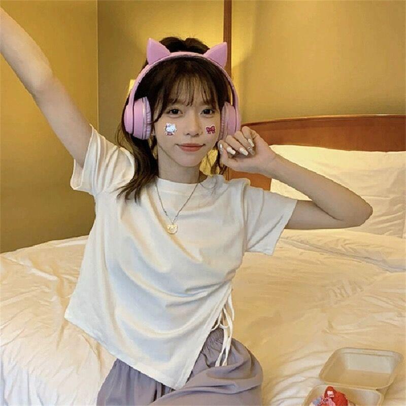 Summer Irregular Short Sleeve T-shirts for Women Thin Cotton Solid Drawstring Casual Slim T Shirt Harajuku Student Y2k Crop Tops