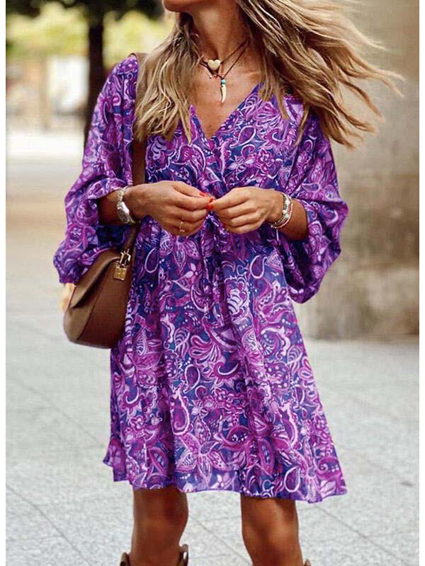 2023 Summer European & American Mid-Waist Printed Short-Sleeve Loose Midi Dress