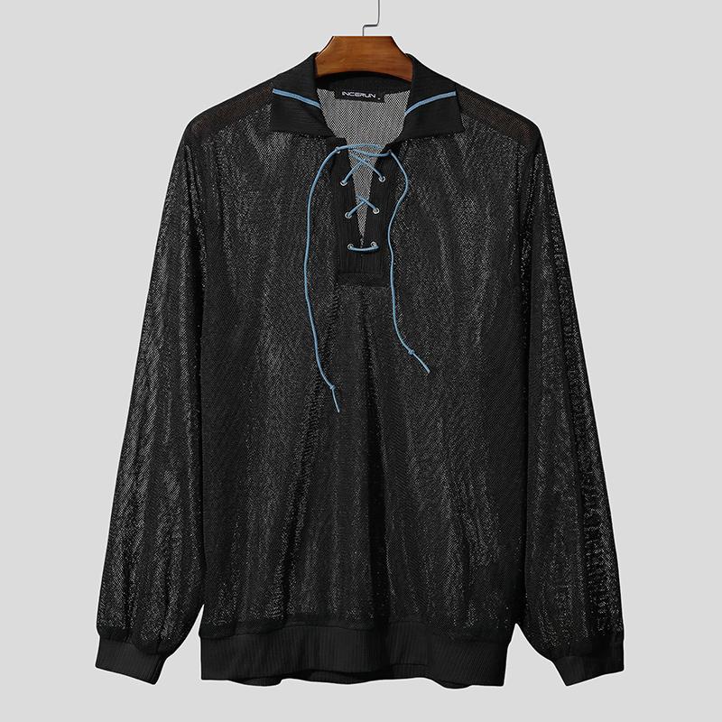INCERUN Oversized Men Long Sleeve Hollow Bandage See Through Webbing Loose T-shirts Tops