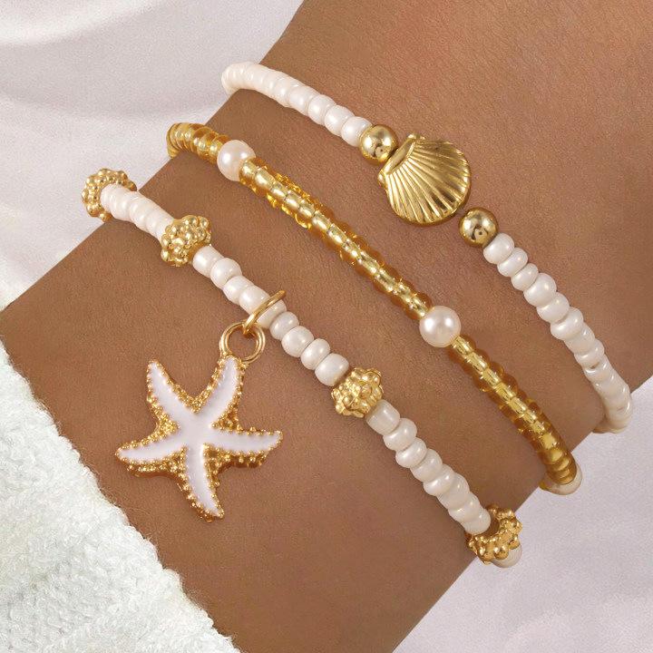 17KM Bohemian Shell Starfish Bead Bracelet Set for Women Fashion Summer Beach Multilayer Stacked Bracelets Party Jewelry Gifts