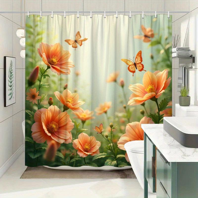 Enchanting Floral Paradise Shower Curtain for a Serene Bathroom Experience, Featuring Luminous Orange Flowers In Full Bloom