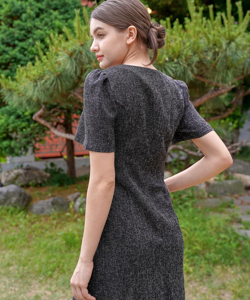 Bye Bye Seop U-Neck Tweed Half Dress Black [T32]