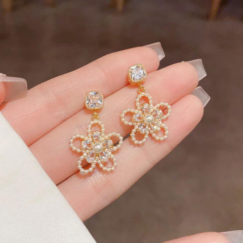 Silver needle zircon flower pearl earrings fashion light luxury temperament earrings niche high-end earrings women