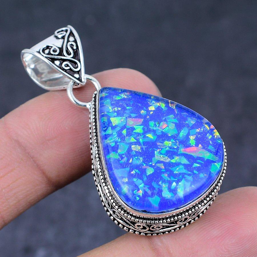 Blue Triplet Opal Gemstone Handmade 925 Sterling Silver Gift Pendant 1.85" l0E56