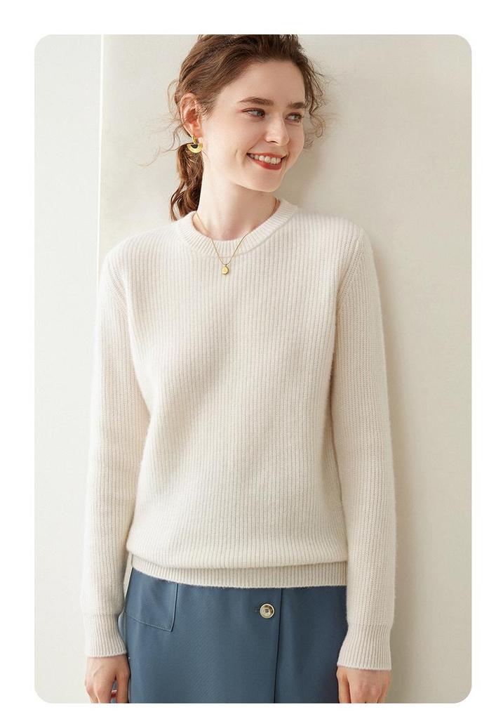 Women's Round Neck Striped Cashmere Sweater - Autumn/Winter 2024, Gentle Style, Loose Fit, Slimming, Short.