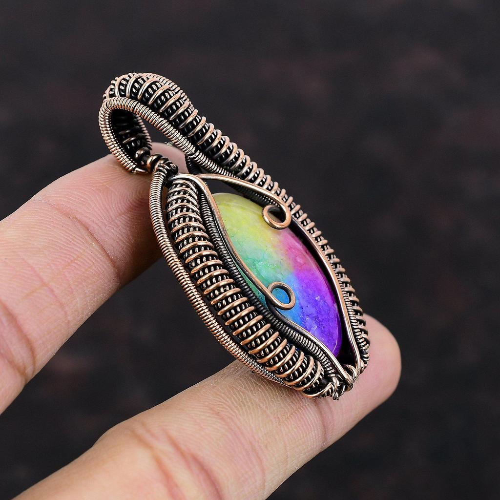 Rainbow Solar Quartz Druzy Pendant Copper Wire Wrapped Pendant Ethnic Style Jewelry Handmade Pendant Gemstone Copper Jewelry Gift For Sister