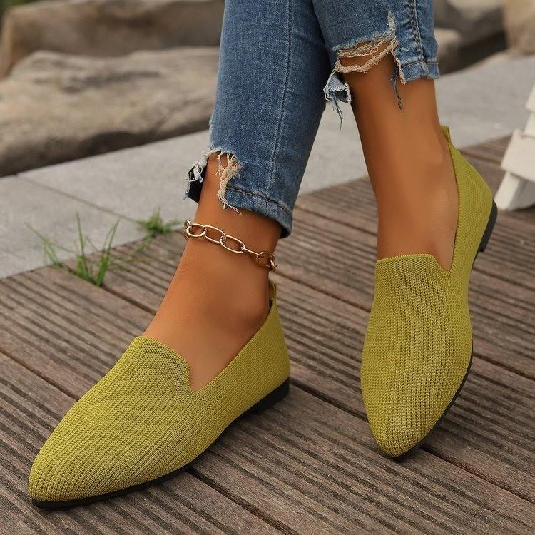 Large Size Pointed Fly-Woven Flat-Bottomed Casual Single Shoes For Women, One Pedal, Shallow Mouth Breathable Four Work Shoes
