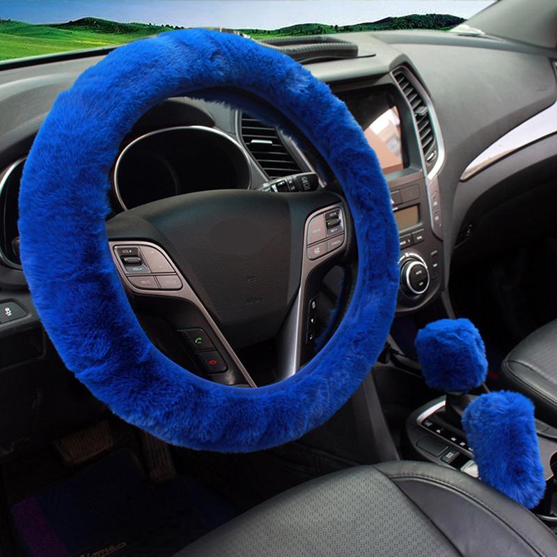 Car Steering Wheel Cover Gearshift Handbrake Cover Protector Decoration Warm Thick Plush Collar Soft Black Pink Women Man