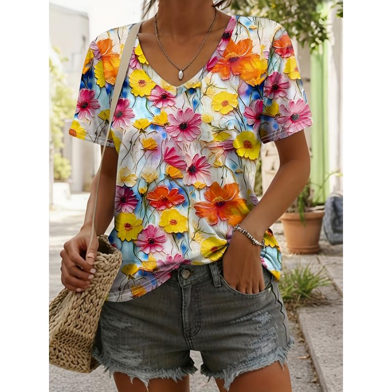 T-shirt Women Summer Casual Elegant Simple V-neck Short Sleeve 3d Print Floral Print Top Loose Casual Wear Ladies T-shirt