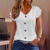 New Summer Jacquard V-neck Lace Blouse Women Solid Color Buttons T-shirt Short Sleeve Casual Top Fashion Woman Sweet Simple Elegant Shirts Loose