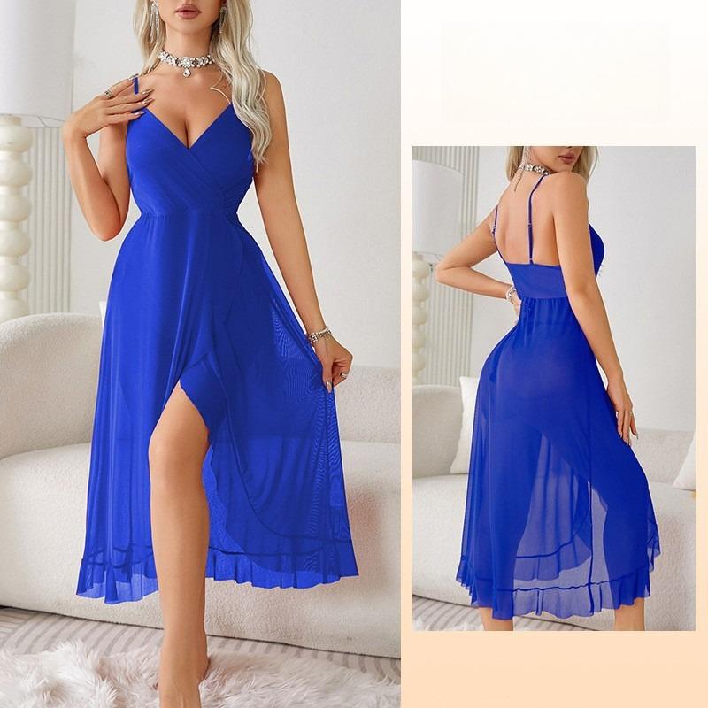 Elegantní noční košilka s V-výstřihem a vysokým rozparkem, bez zad a bez rukávů, sexy cami, dámské domácí oblečení 683, sofistikované, lichotivé oblečení na spaní pro sebevědomé ženy