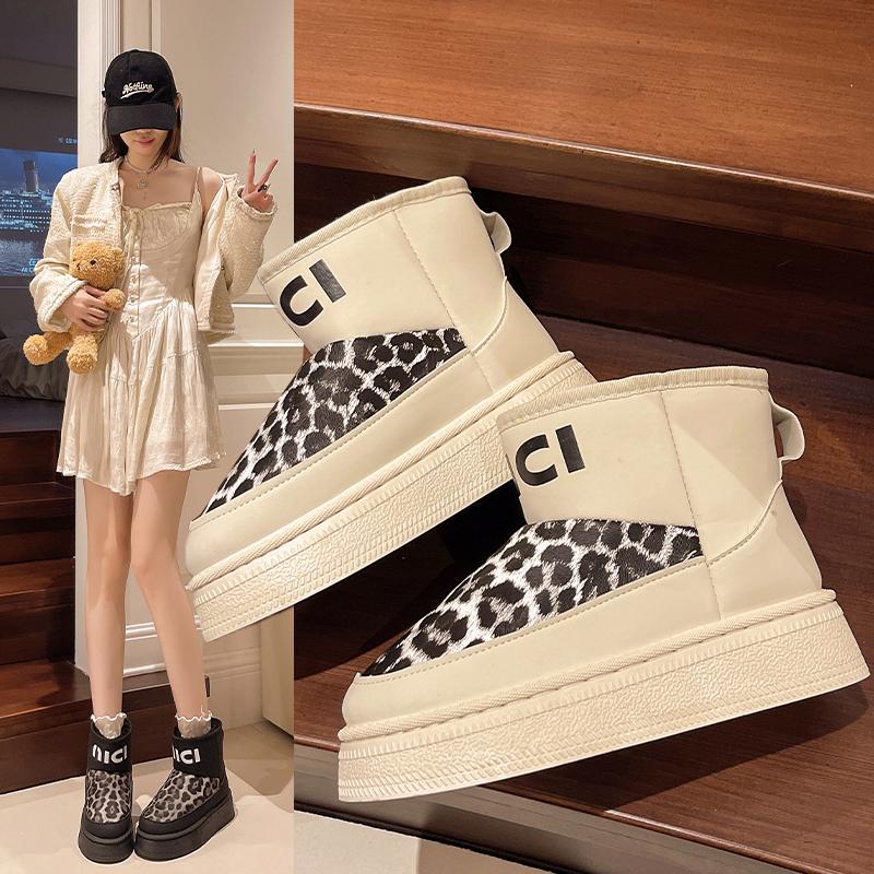 Fashion Womens Snow Boots Leopard Print Sequined Cloth Wool Lined Women Platform Shoes New Winter Ankle Boots Outdoor Warm and Non-slip