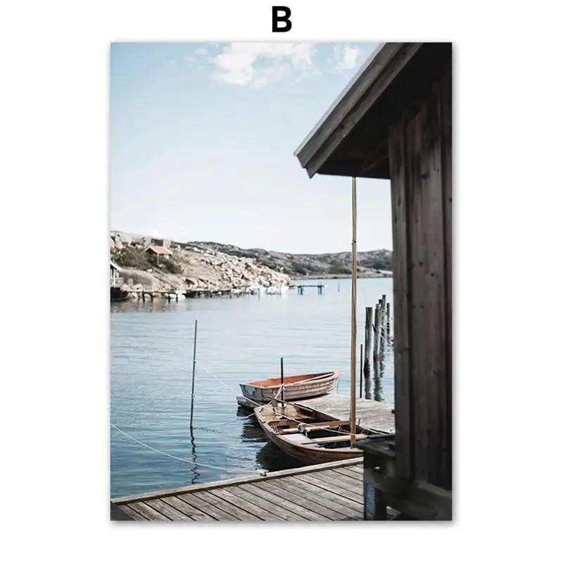 Jetty Morning Fog Beige Sand Calm Beach Boat Poster Wall Art Travel Print Canvas Painting Decoration Pictures For Living Room