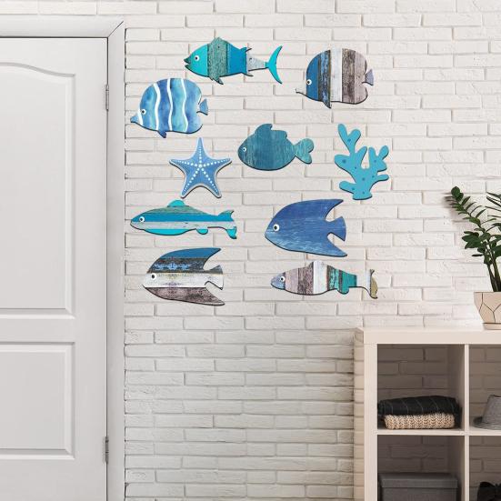 10 Pcs Summer Coastal Fish Wall Decor Vintage Farmhouse Ocean Fish Wall Art Nautical Beach Theme Hanging Decoration for Home Lake House Bedroom