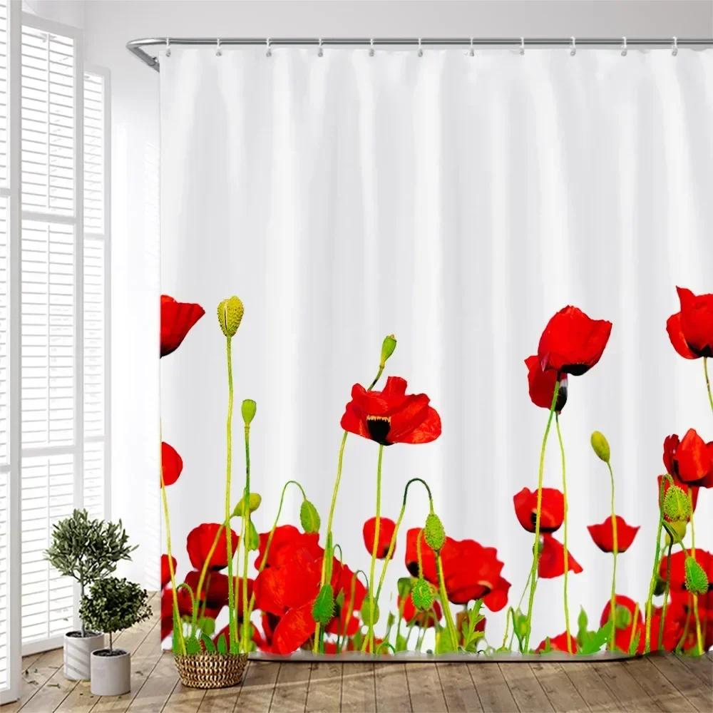 Hand Painted Floral Shower Curtains Set Watercolor Flowers Plants Poppies Butterfly Simple Polyester Nordic Bathroom Decor Hooks