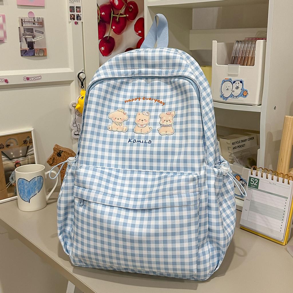 Schoolbag Fog Gray Milk Grid Star Embroidery Backpack Japanese Soft Sister Large Capacity Backpack Junior High School Girls Fresh Schoolbag