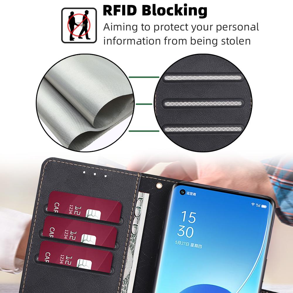 RFID Anti-Theft Flip Plånboksfodral För Oppo Reno 4 5 Lite Realme 8i 9i C21Y C21 C25Y C35 C31 8 9 Pro Cover PU Läderhölster 6 kortplatser Telefon Bumper