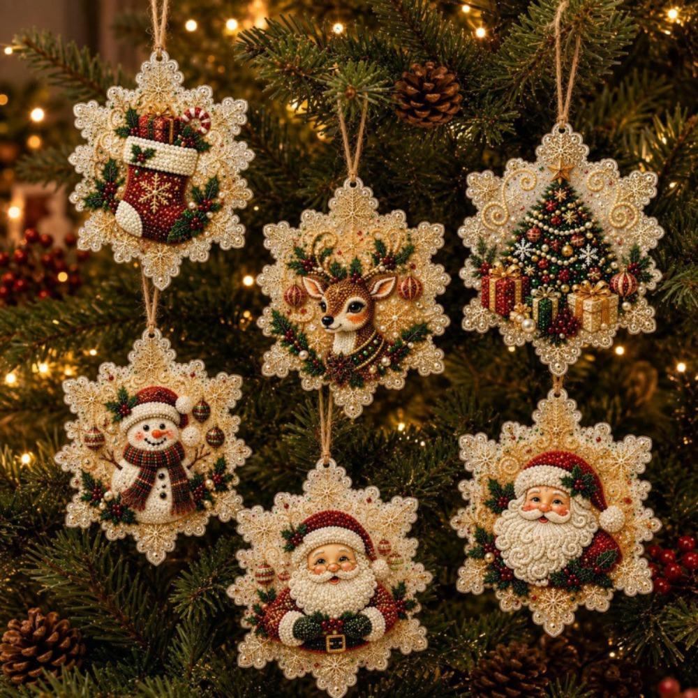 6 Stück Vintage-Druck DIY Weihnachts-Diamantmalerei-Set Runde Form Perlen Holz-Weihnachtsornamente Set Holzsockel