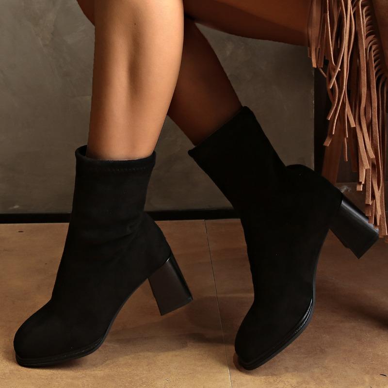 Fashion Women's Fashion Thick Heel Single Boots Autumn New Square Head Suede Sleeve Anti-slip Wear-resistant Short Boots