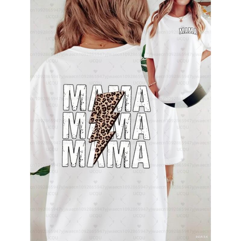 Dámské krátkorukávové ležérní tričko s potiskem písmen a blesku MAMA MAMA MAMA Grafické trička s potiskem geparda Dámská trička