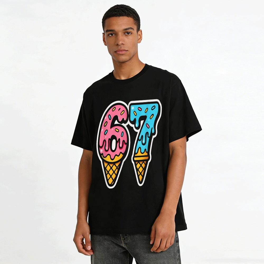 T-shirt Casual à Manches Courtes en Coton Pur avec Impression Mignonne de Cornet de Glace Numéro 67
