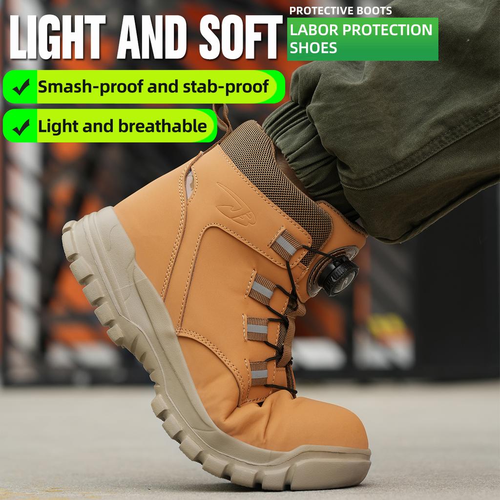 Unisex Protective Work Shoes Steel Toe Light Safety Boots Water Resistant Anti Puncture Construction Shoes with Rotary Button Comfortable Soft Sole No