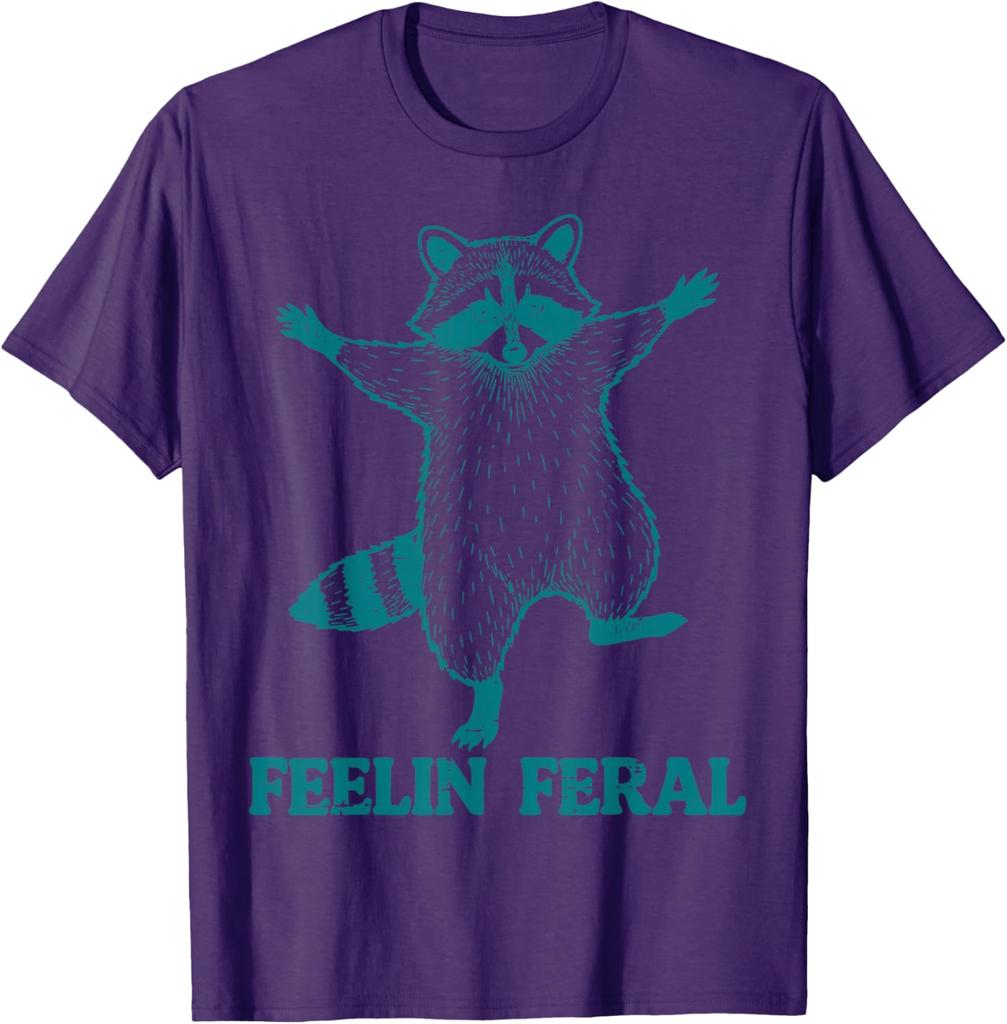 Raccoon Feelin Feral Funny Graphic Tee Casual Short Sleeve Cotton TShirt for Men Women