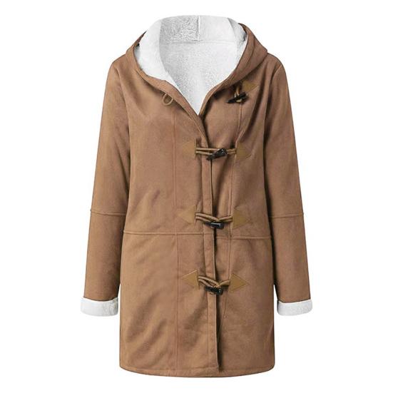 Lady Winter Coat with Hood And Pockets Thickened Fleece-lined Faux Suede Mid Length Thermal Jacket Long Sleeve Outdoor Casual Outerwear