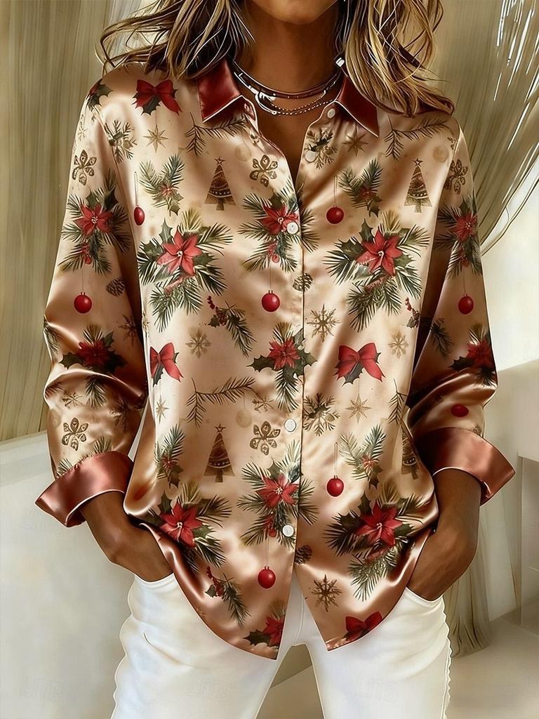 Christmas Printed Long-sleeved Shirt Blouse Spring New Casual Loose Plus Size Lapel Shirt WG18