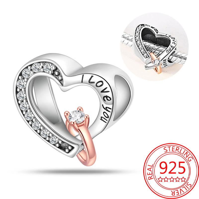copper Sparkling Pink Heart Charm Pendant Bead Charms Compatible With Authentic Bracelets for Women Valentine Day Jewellery Gifts