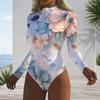 Women Plus Size High Neck Half Zip Long Sleeve Floral Print Olive Green One Piece Swimsuit