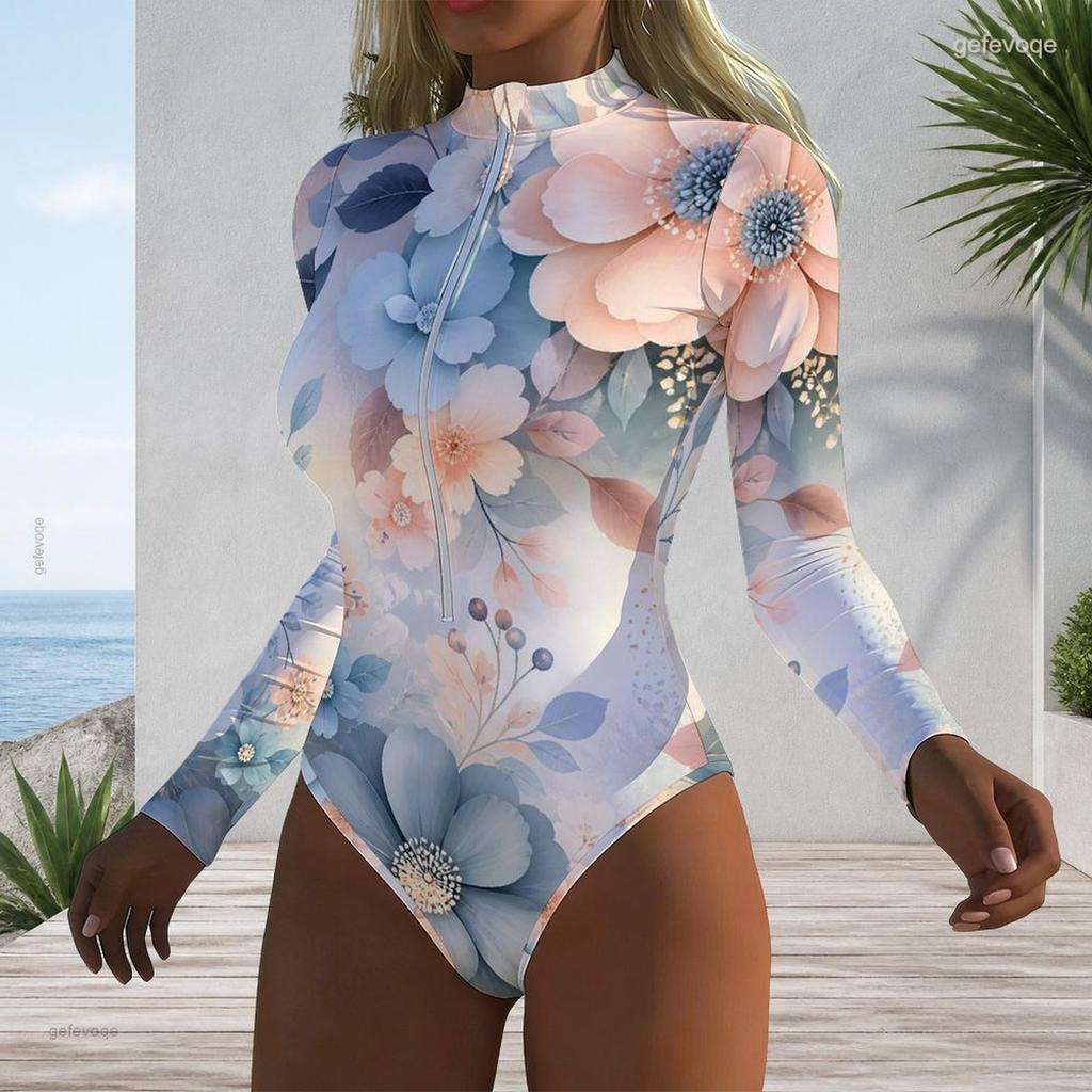Women Plus Size High Neck Half Zip Long Sleeve Floral Print Olive Green One Piece Swimsuit
