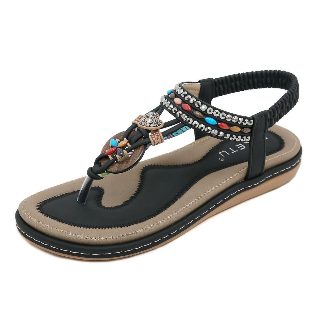 Women Casual Fashion Wooden Bead Buckle Rhinestone Flat Sandals Thailand Seaside Beach Summer Shoes