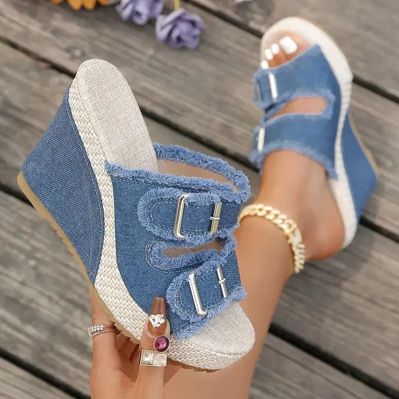 Wedges Platform Women Sandals Summe Straw Weaving Thick Sole Denim Slippers Fashion Casual Double Buckle Strap Sandal