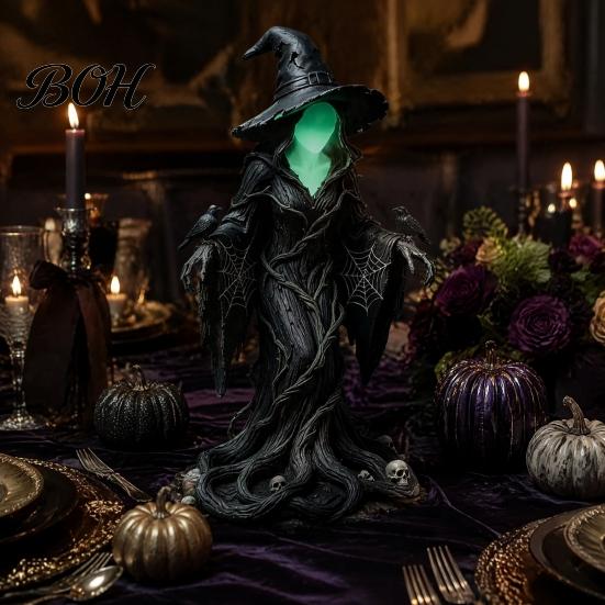 Luminous Faceless Witch Figurine Statue, Glow-in-The-Dark Ornament, Resin Decorative for Halloween Table Centerpiece Indoor Outdoor Decor Spider