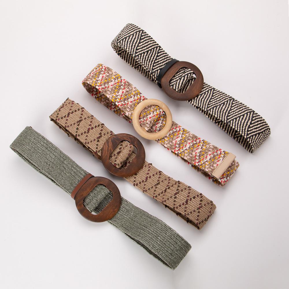 Curea de talie elastică țesută rotundă din lemn, stil boem, pentru femei - Accesoriu pentru rochie de vară