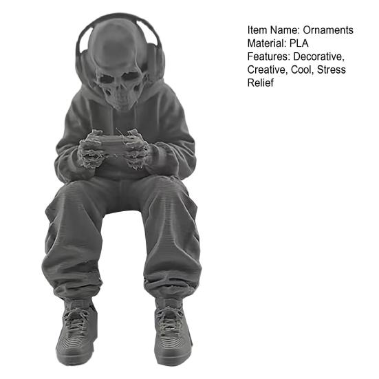 Yousheng 3D Printed Sitting Skeleton Statue, Halloween Indoor Decor Figurines, Mini Skull Figurine Home Decor for Living Room Table Shelf