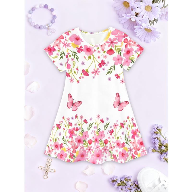 3D Print Butterfly Pattern Faux Denim Short Sleeve Dress for Girls | Casual Crew Neck, Regular Fit, Slight Stretch Fabric, Perfect for Spring/Summer