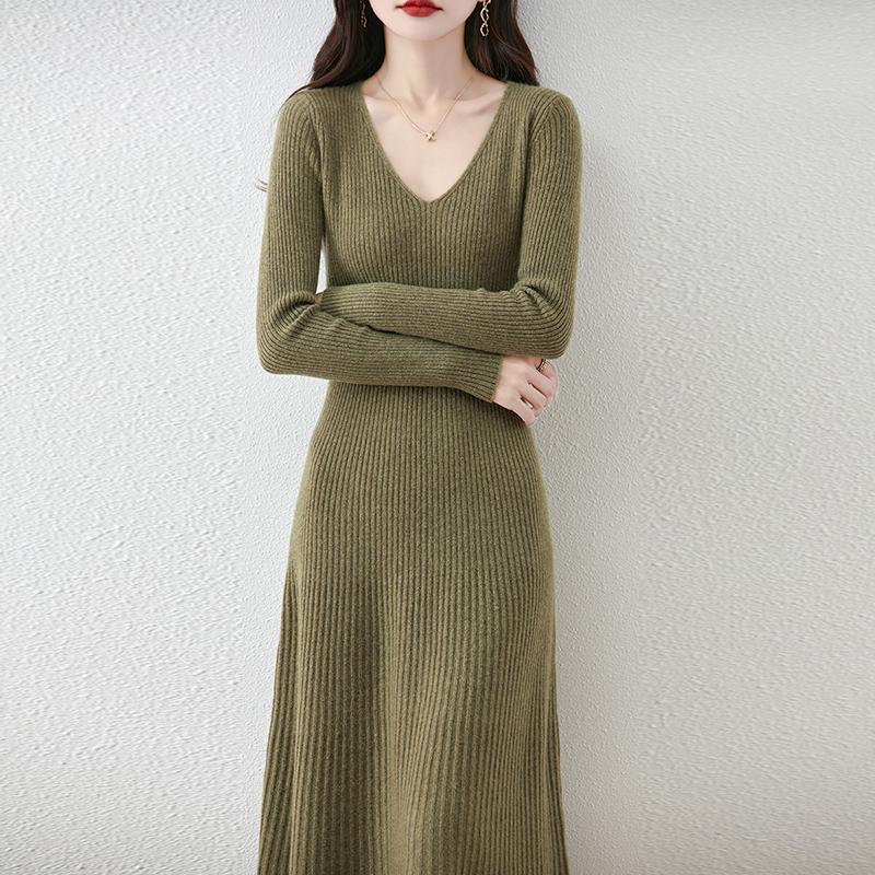 Women Sweater Dress 100% Wool MODERN NEW SAGA V-neck Knit Long Pullover Winter Jumpers Wool Long Dress Female