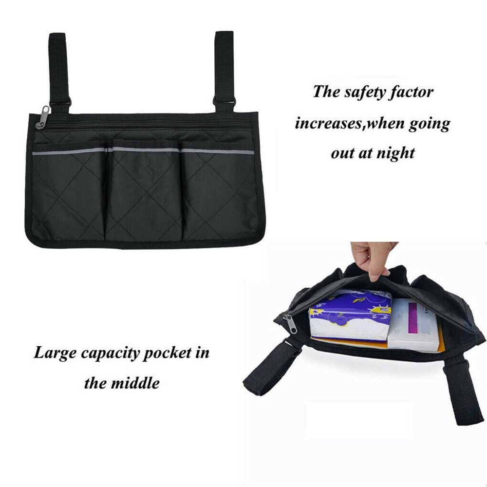 Universal Reflective Strip Durable Storage Bag Wheelchair Side Bag Pocket Organizer Armrest Pouch