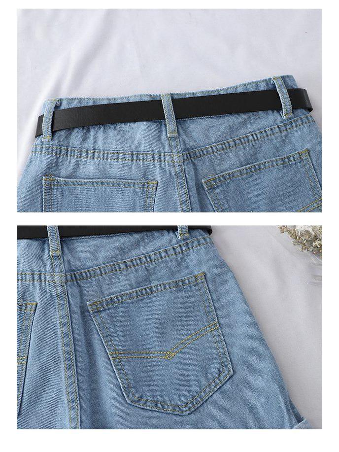 Women's High-Waisted A-Line Denim Shorts - Rolled-Up, Loose Fit, Korean Style for Summer
